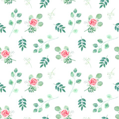 Watercolor seamless floral pattern with eucalyptus and pink roses. Hand painted botanical background with delicate flowers and foliage for prints, textile, wrapping paper and wedding.