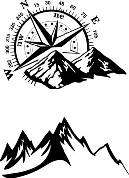 Black and White Mountain Landscape Vector Logo, Mountain and compass.