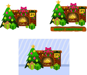 Christmas compositions with lettering fireplace and Christmas tree