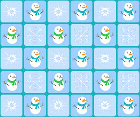 Seamless pattern on blue checkered background with snowman and snowflakes
