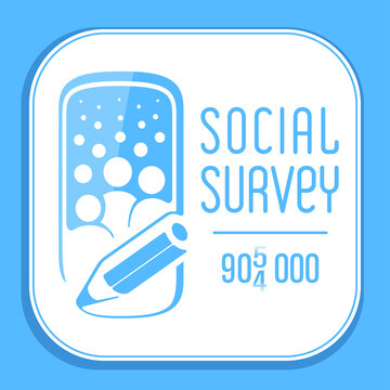 Social survey. Vector icon of mobile app for online census campaign. Blue and white button. Simple shape of smartphone with an image of abstract crowd and pensil