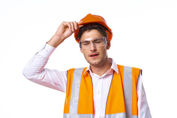 man in work uniform orange helmet safety professional work