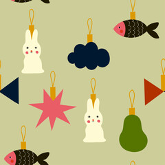 Christmas tree decorations seamless pattern. Vector Christmas decorations repeated pattern design. New Year seamless texture for fabric, wallpaper or wrapping paper.