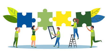 Business concept. Team metaphor. people connecting puzzle elements. flat design style. Symbol of cooperation