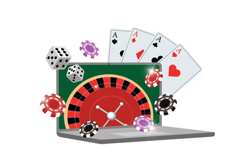 Online casino with roulette on laptop screen, dice, poker cards and chips. Vector gambling icon. Risky entertainment club illustration. Internet gambler play eps isolated symbol
