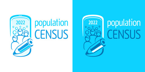 Population census 2022. Vector logo of opinion poll an social survey. Conceptual symbol of online counting of citizens. Frame of smartphone, crowd, family and scribe's pencil. White and blue banner - obrazy, fototapety, plakaty