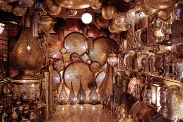 Copper souvenir handicraft shop in Morocco.