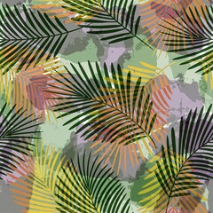 Tropical pattern, palm leaves seamless vector background. Exotic plant on watercolor stains artistic jungle print. Leaves of palm tree. brush texture