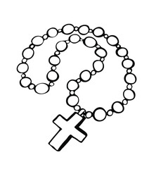 Rosary Beads with cross. Religious christian symbol. Vector Illustration in doodle style.