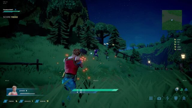 Looped Night Video Game Mock-up Concept: Gameplay 3D Third Person Shooter Online Multiplayer Battle Royale. Fun Tactical Arcade with Characters Running, Fighting, Shooting Guns, Blowing Things Up