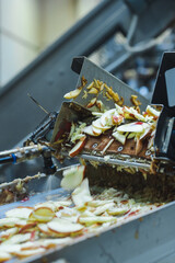 Sliced apples on a conveyor belt in food processing facility.