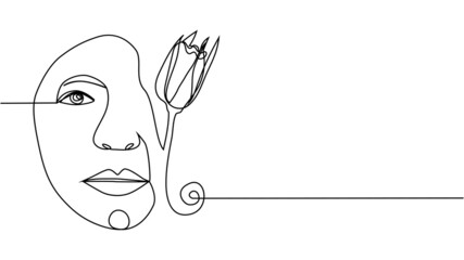 Woman face with flowers one line drawing. Continuous line drawing art. Flower bouquet in woman