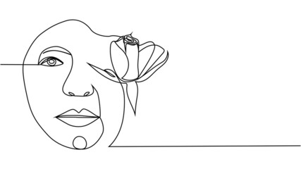 Woman face with flowers one line drawing. Continuous line drawing art. Flower bouquet in woman