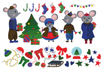  set of Christmas New Year mice isolated on a white background. Festive winter family of mice. Christmas tree, gifts, snow globe, red bow, garland, decorations, Santa Claus hat in flat style