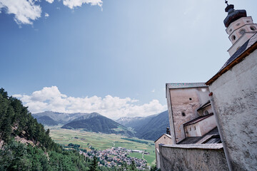 Beautiful summer landscape with ancient monastery in mountains. Benedictine Abbey of Monte Maria in...