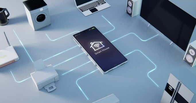 From above smartphone connected with various modern devices and appliances as part of smart house on gray background