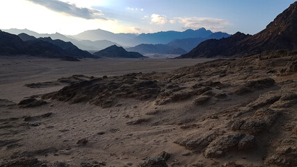 the image of the mountains on the Sinai Peninsula at sunset. the desert of Sharm el Sheikh in the...