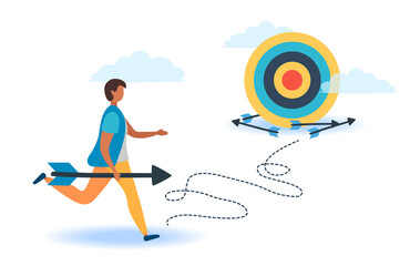 A man with an arrow is running towards his goal along a winding road, motivation is advancing, through clouds or stairs, steps of achievement, steps