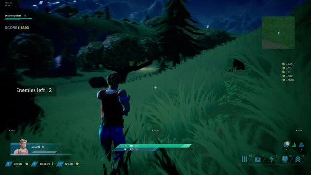 Night Video Game Mock-up: Game play of 3D FPS Shooter Online Multiplayer Battle Royale. Fun Action, Colorful Hero Characters Running, Fighting, Shooting Guns, Blowing up Things, Killing Enemies