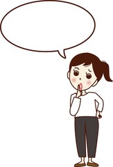 口元に指を当てて話をする若い女性。