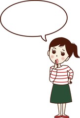 口元に指を当てて話をする若い女性。