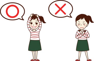 丸とバツのポーズをする若い女性のセットイラスト。