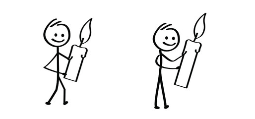 Cartoon stickman with candle for first, second or fourth advent day. Candle day on 11 december. Christmas, xmas. Stick figure man and burning candles flame. candlestick icon.