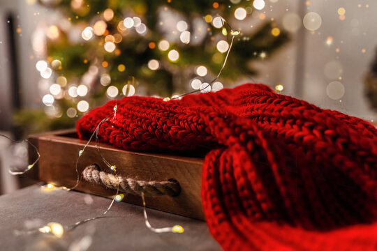 Cozy Christmas Card With A Red Plaid And A Decorated Tree In The Living Room Of The House