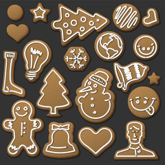 Collection of christmas gingerbreads cookies with icing