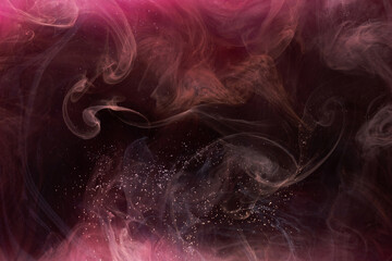 Obraz premium Pink smoke on black ink background, colorful fog, abstract swirling touch ocean sea, acrylic paint pigment underwater