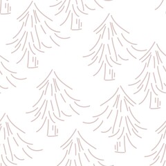 Fototapeta premium Vector. Hand drawn seamless christmas pattern, linear christmas tree on white background. Design templates for typographic products. Minimalism for branding, cover, postcard, wrapping paper.