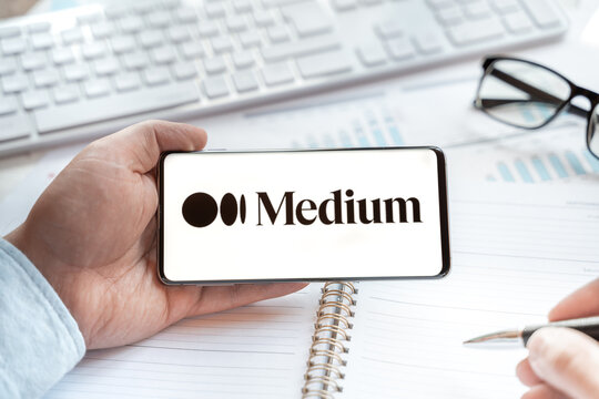 Logo of Medium web site, page in mobile phone. Open free blog platform for blogger, reader for writing article, posts on any topic. Social net,media resource for blogging. Business, news, information