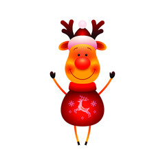 Reindeer, christmas deer with red nose vector 3d icon. Xmas cute animal, character, illustration. Reindeer in red wool jacquard sweater and santa hat.