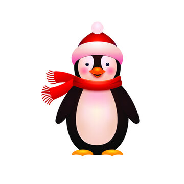 Penguin, winter and christmas character. Vector cute penguin with scarf and santa hat. 3d simple icon