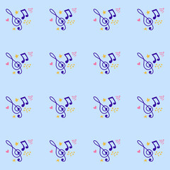 Cartoon hand drawn musical seamless pattern. Lots of symbols, objects and elements.