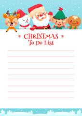 Christmas To Do List template. Cute organizer with a funny cartoon Santa Claus, an elf, a gingerbread man, a snowman and a little deer. Vector 10 ESP.