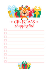 Christmas Shopping List template. Cute organizer with a funny cartoon little deer and gift boxes. Vector 10 ESP.