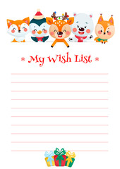 Christmas Wish List template. Cute organizer with a funny cartoon animals and gift boxes. Vector 10 ESP.