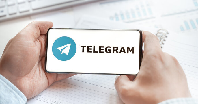 Logo Of Telegram Group Chatting Application, Page In Mobile Phone. Social Net, Media Resource, Platfom, App To Talk, Chat, Voice, Hang Out. Using For Family, Work, Business, News, Information