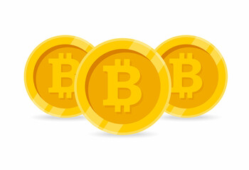 Three golden coins with bitcoin symbol isolated on white background. Trading and price concept. Bitcoin currency crypto coin icon. Vector stock
