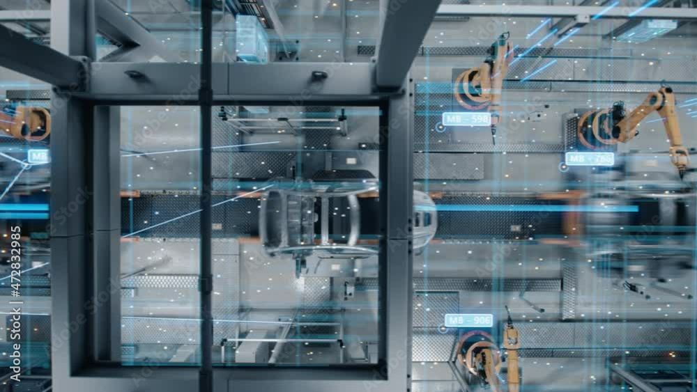 Aufkleber aerial car top view factory digitalization concept: automated robot arm assembly line manufacturing 