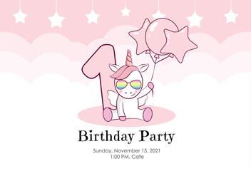 birthday invitation for baby girl with cute unicorn, balloons and clouds in pink colors. ready to use and editable template. an invitation for children and adults. second year of birth. 