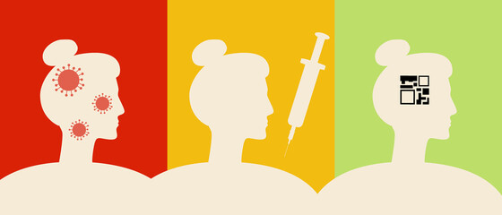 Vaccination of a person, QR code, Silhouette vector stock illustration with Immunity with antibodies after illness, Vaccination and QR certificate, immunity after illness