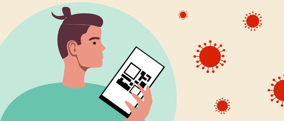 Man with QR code, Flat vector stock illustration with Young person and QR code on the phone screen for Protection from virus, covid, coronavirus