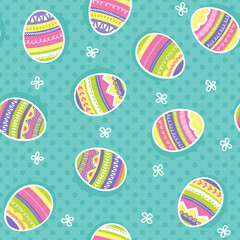 Colorfully illustrated Easter eggs scattered across a teal background. This springtime pattern repeats seamlessly and would be perfect for backgrounds and surface designs.