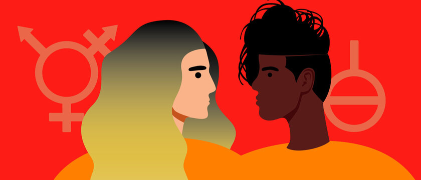 Non-binary couple, Flat vector stock illustration with transgender persona and agender persona or LGBTQ couple concept