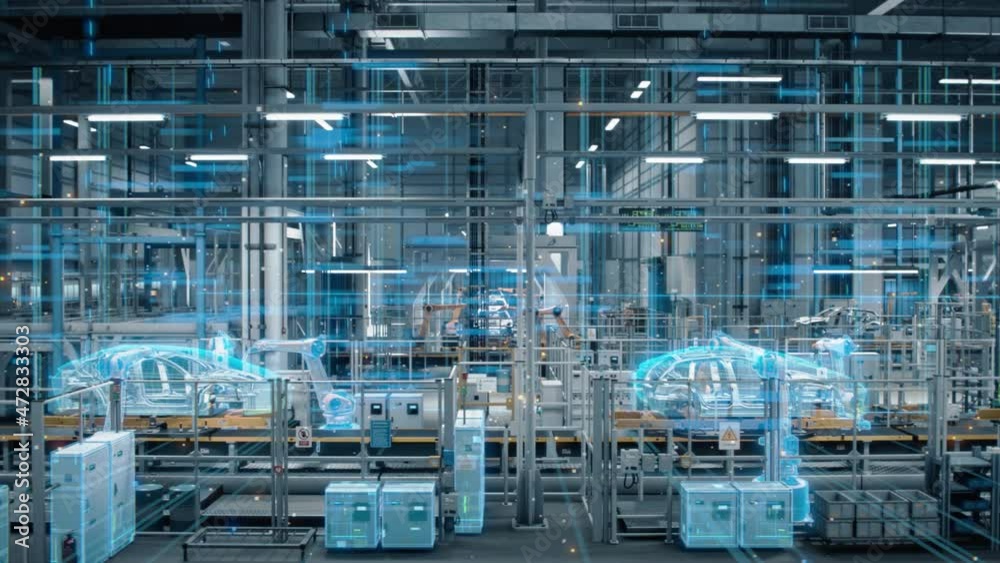 Poster Side-View Car Factory Digitalization: Automated Robot Arm Assembly Line Manufacturing High-Tech Sustainable Electric Vehicles. Futuristic AI Computer Vision Analyzing, Scanning Production Efficiency