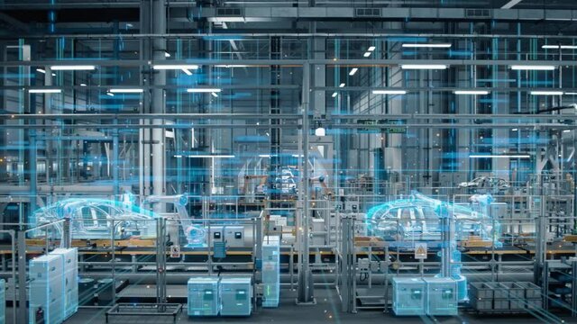 Side-View Car Factory Digitalization: Automated Robot Arm Assembly Line Manufacturing High-Tech Sustainable Electric Vehicles. Futuristic AI Computer Vision Analyzing, Scanning Production Efficiency