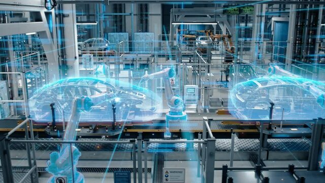 Side-View Car Factory Digitalization: Automated Robot Arm Assembly Line Manufacturing High-Tech Sustainable Electric Vehicles. Futuristic AI Computer Vision Analyzing, Scanning Production Efficiency