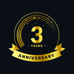 Three Years Anniversary Gold and Black Design Isolated Vector